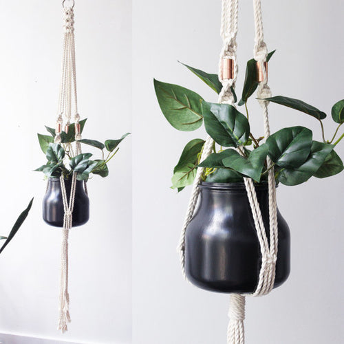Macramé hanging planter with cotton and copper, 45 inches