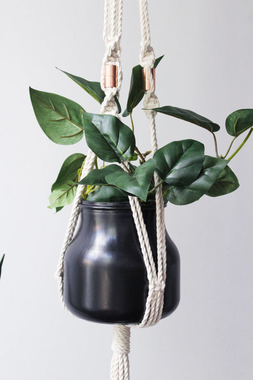 Macramé hanging planter with cotton and copper, 45 inches