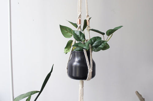Macramé hanging planter with cotton and copper, 45 inches
